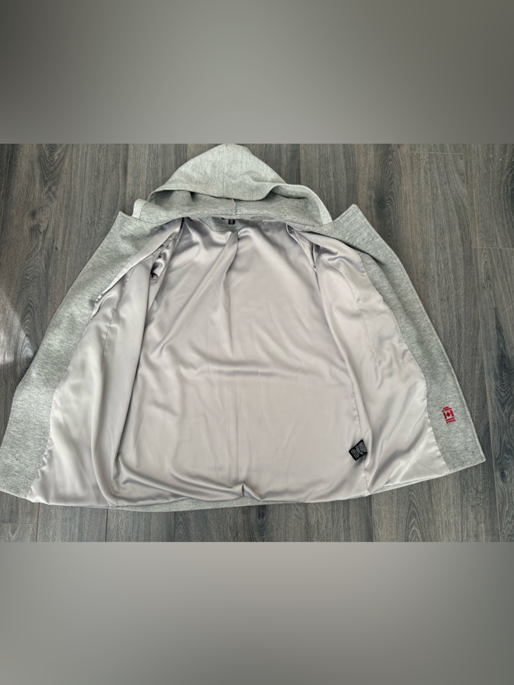 Le Chateau Grey Herringbone Asymmetrical Zip Hooded Jacket Long Chic Neutral Sm - Picture 9 of 14